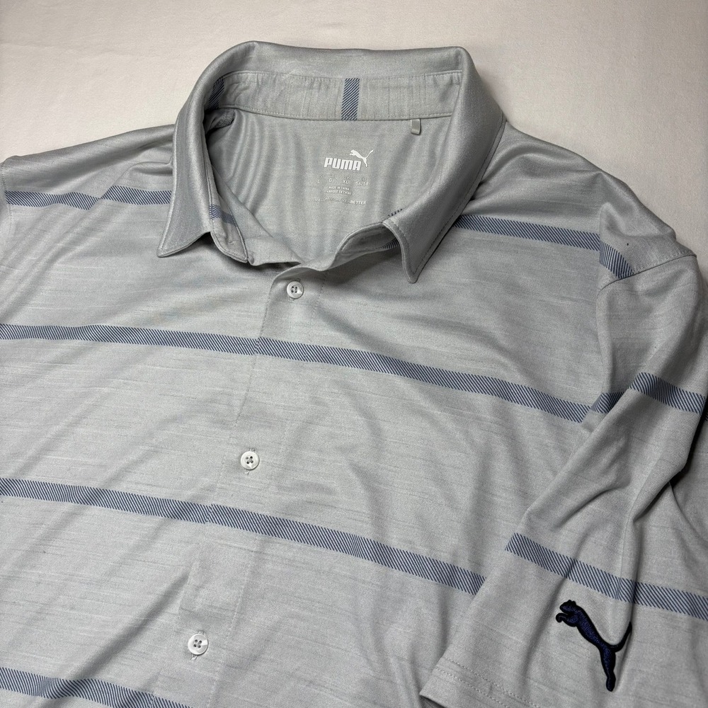 Puma Button Down Polo Mens Large Gray dryCELL Golf Shirt Striped Short Sleeve